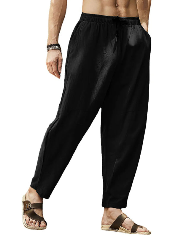 Men’s casual loose cotton and linen drawstring hip-hop lantern pencil pants