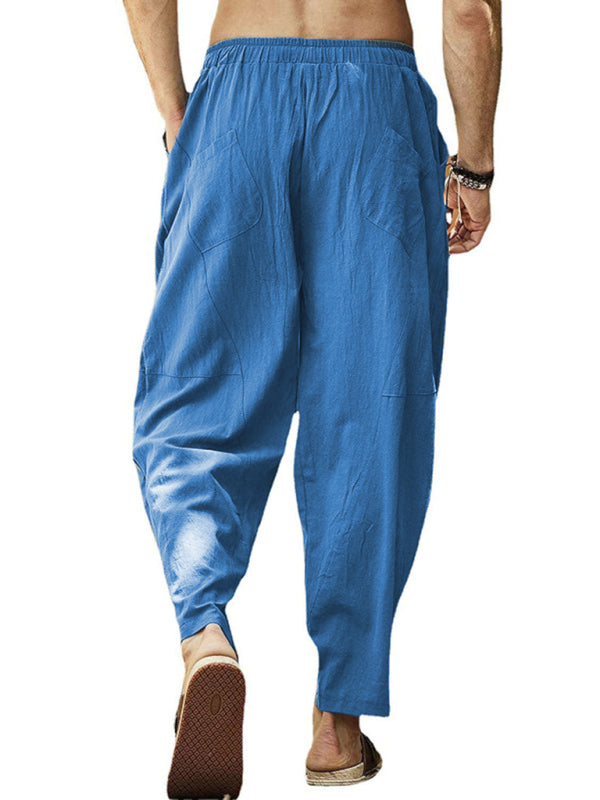 Men’s casual loose cotton and linen drawstring hip-hop lantern pencil pants