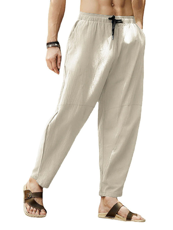 Men’s casual loose cotton and linen drawstring hip-hop lantern pencil pants