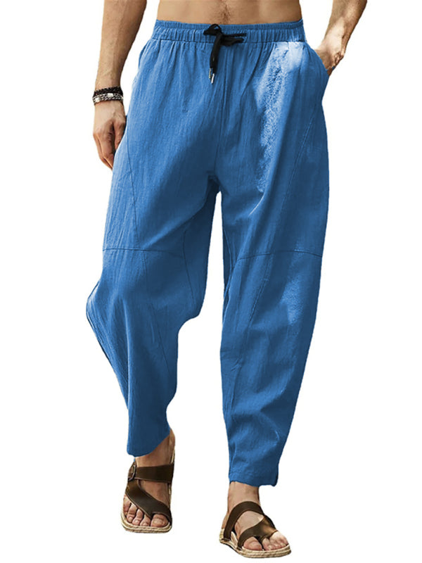 Men’s casual loose cotton and linen drawstring hip-hop lantern pencil pants - Clear blue / M