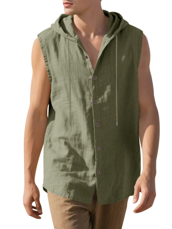 Men’s Casual Sleeveless Waistcoat Shirt Linen Hooded Solid Color Breathable Loose Top - Olive green / S