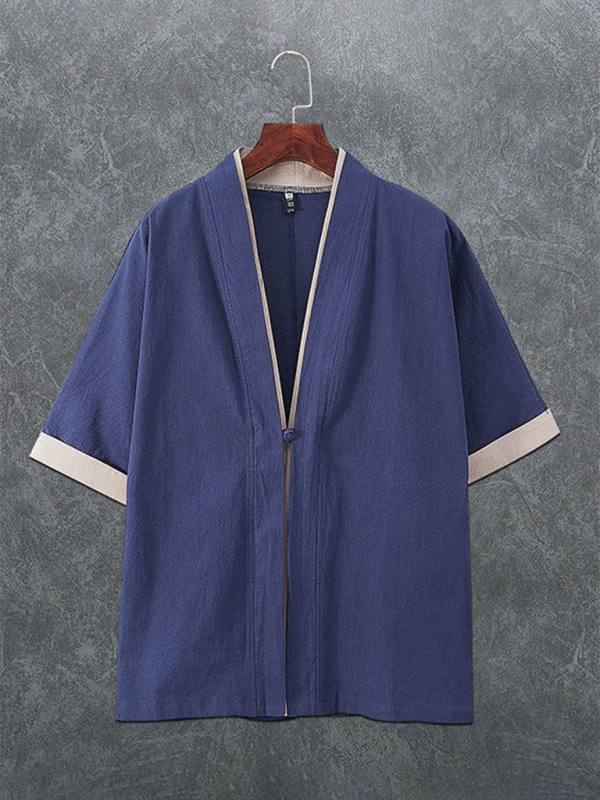 Men’s casual solid color disc button casual linen T-shirt - Champlain color / M