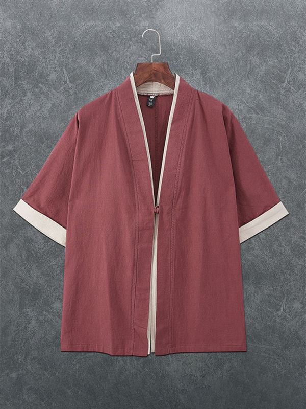 Men’s casual solid color disc button casual linen T-shirt - Wine Red / M