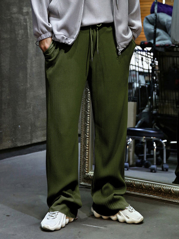 Men’s casual trousers loose straight trousers drapey striped high-waisted wide-leg trousers - Olive green / S