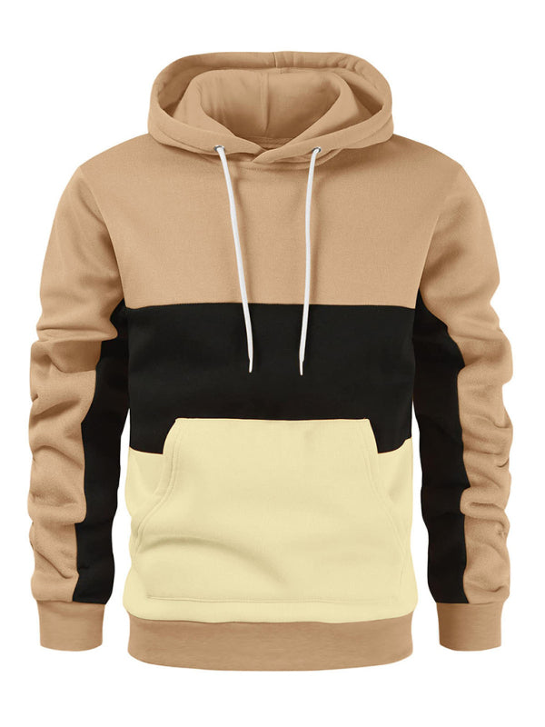 Men’s Color Block Color Contrast Long Sleeve Hooded Sweatshirt - Khaki / M