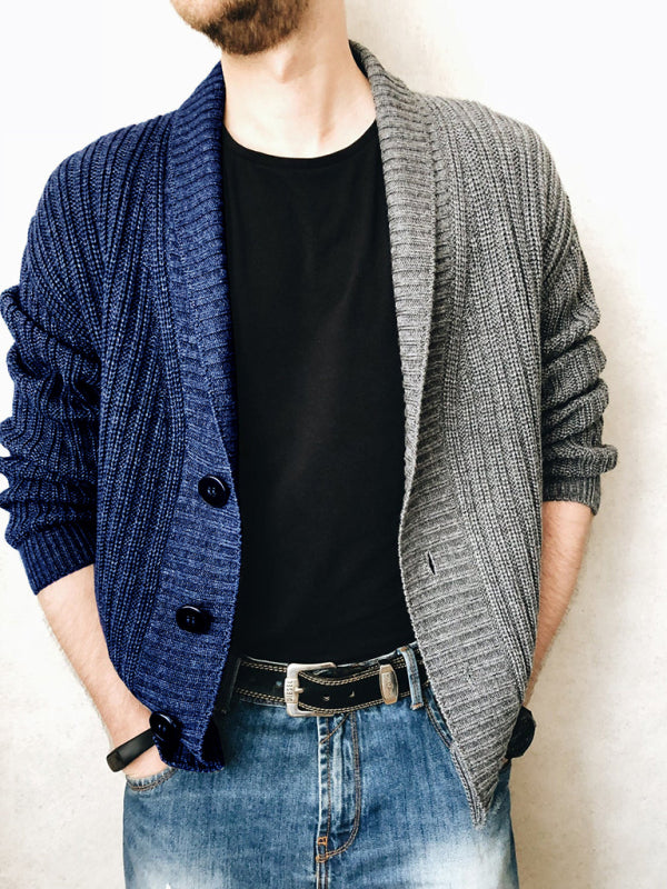 Men’s Color Block Single Breasted Casual Knit Cardigan - Purplish blue navy / M