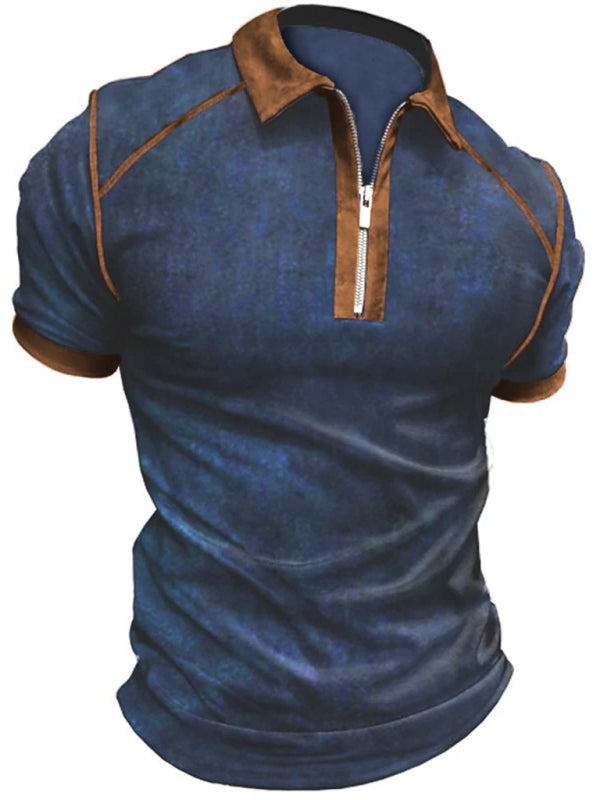 Men’s Color Block Zipper Lapel Short Sleeve Polo Shirt