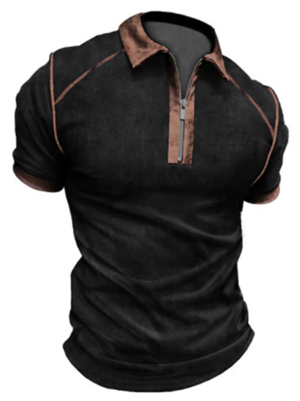 Men’s Color Block Zipper Lapel Short Sleeve Polo Shirt - Black / S
