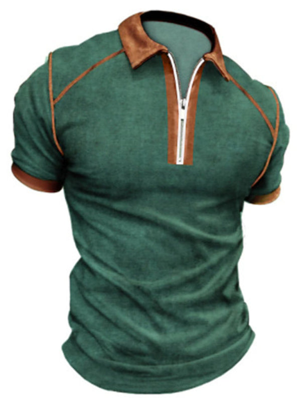 Men’s Color Block Zipper Lapel Short Sleeve Polo Shirt - Green / S