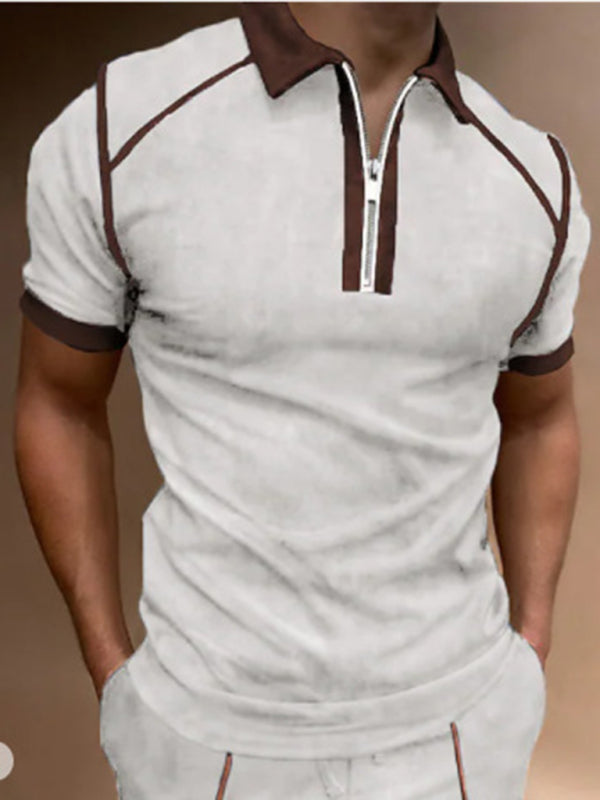 Men’s Color Block Zipper Lapel Short Sleeve Polo Shirt - White / S