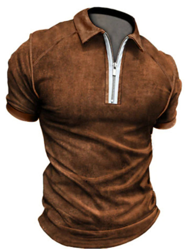 Men’s Color Block Zipper Lapel Short Sleeve Polo Shirt - Yellow / S