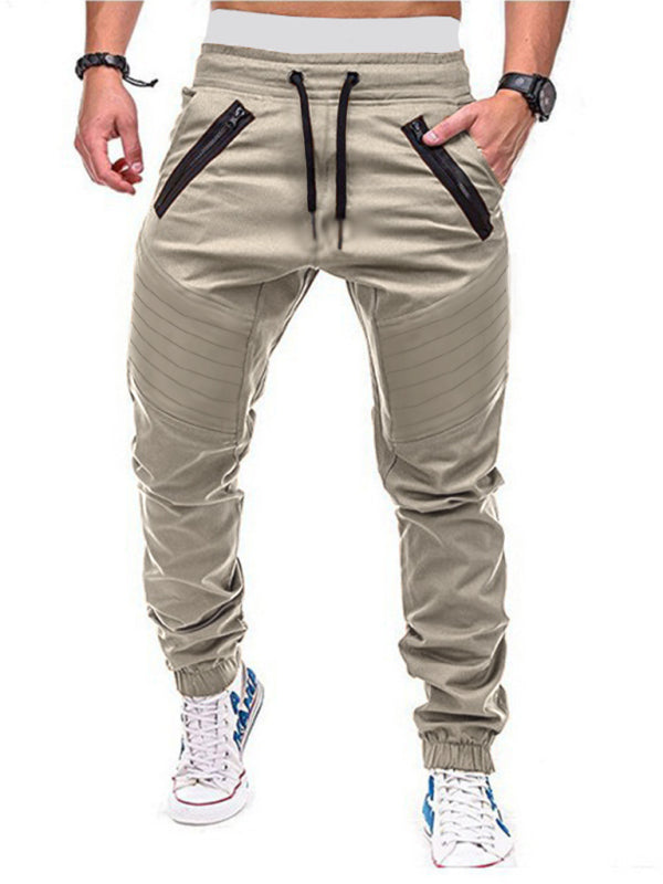 Men’s Contrasting color zipped loose-fitting casual pants - Khaki / M