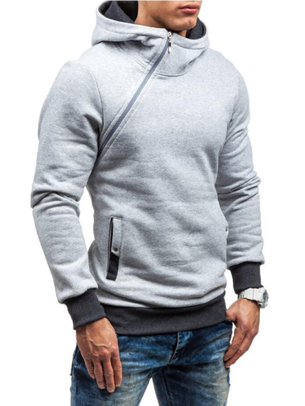 Men’s diagonal zipper solid color long-sleeved hoodie