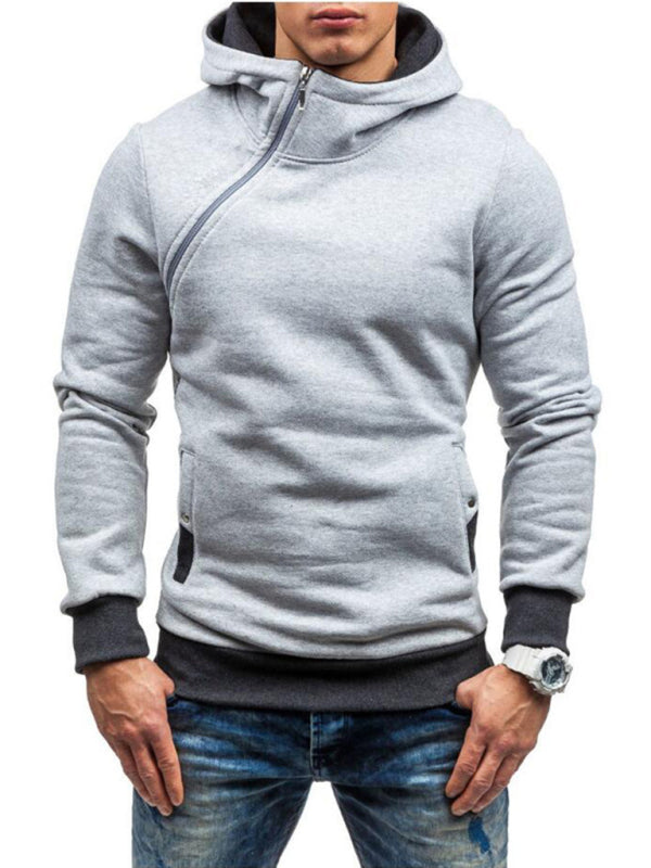 Men’s diagonal zipper solid color long-sleeved hoodie