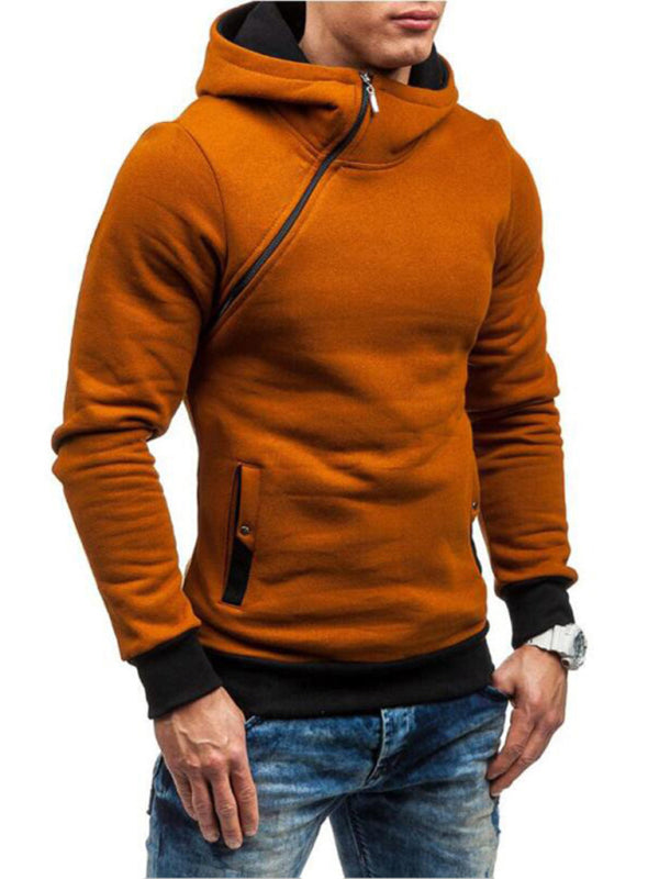 Men’s diagonal zipper solid color long-sleeved hoodie