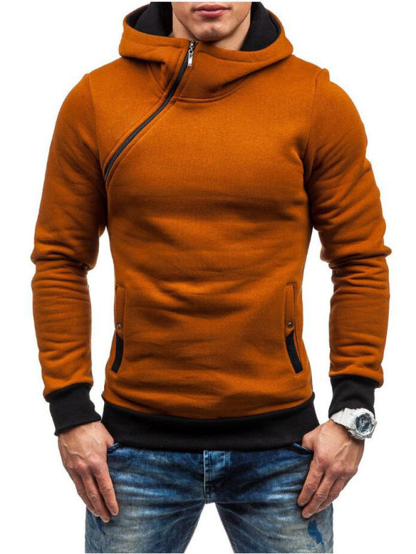Men’s diagonal zipper solid color long-sleeved hoodie - Brown / M