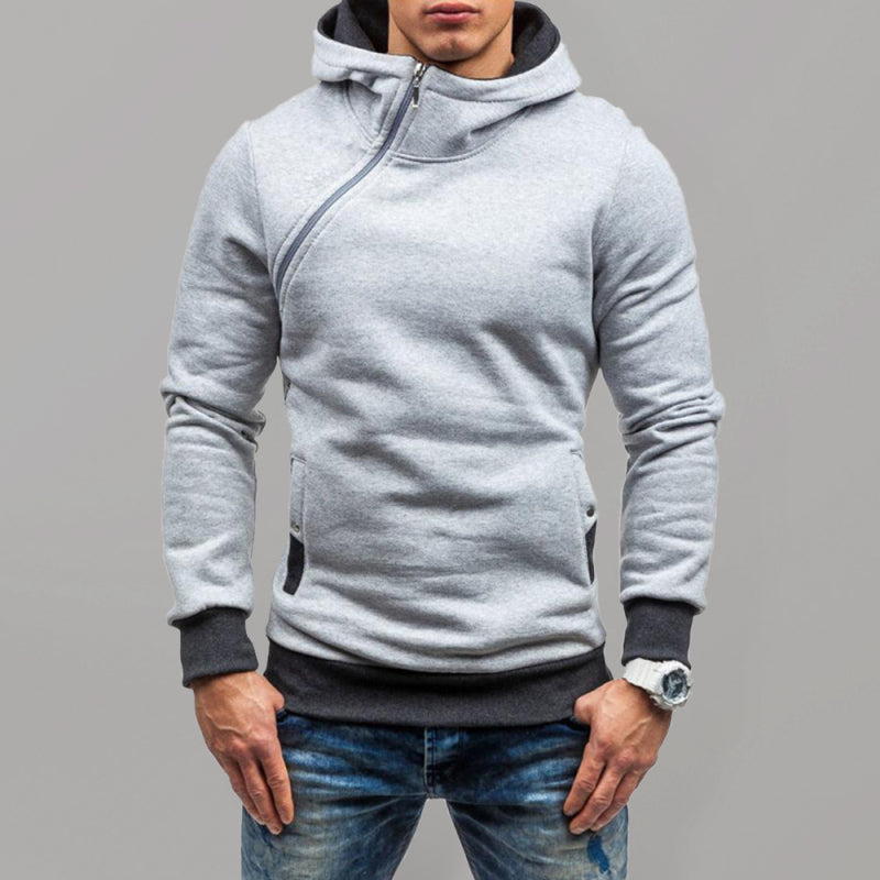 Men’s diagonal zipper solid color long-sleeved hoodie - Grey / M