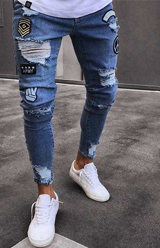 Men’s Distressed Patchwork Knit Denim Jeans - Purplish blue navy / S