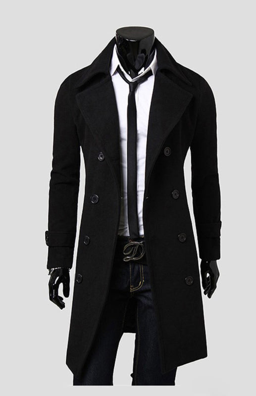 Men’s Double Breasted Lengthened Simple Wool Coat - Black / M