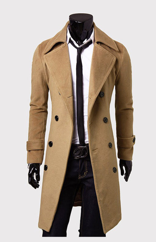 Men’s Double Breasted Lengthened Simple Wool Coat - Camel / M