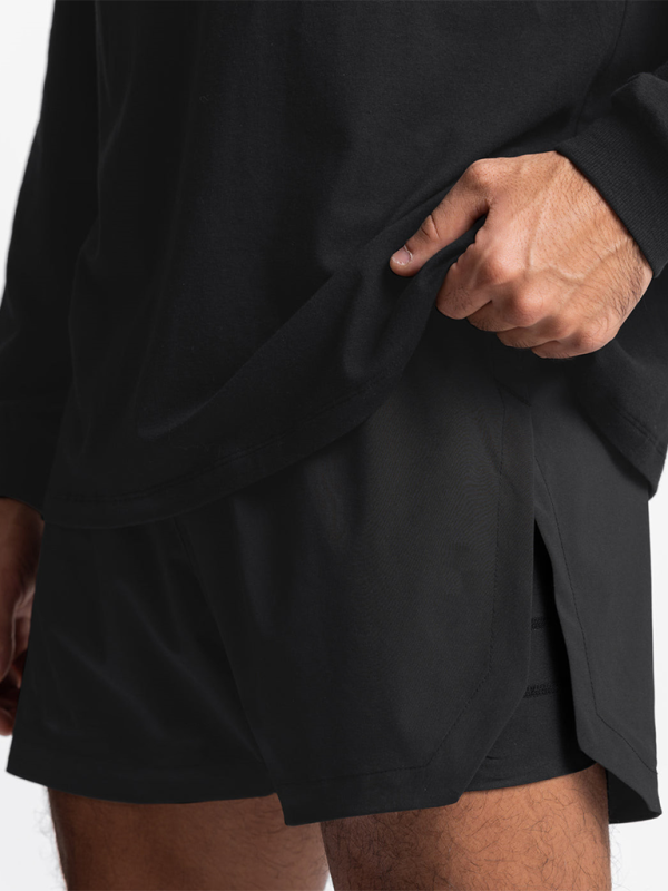 Men’s fake two-piece trousers multi-pocket running training sports shorts - Black / M