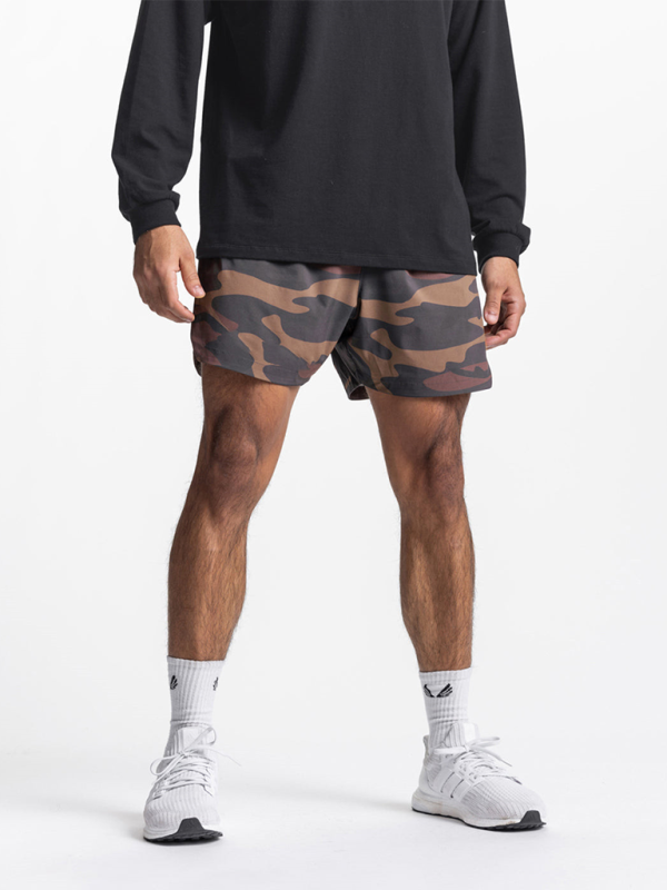 Men’s fake two-piece trousers multi-pocket running training sports shorts - Brown / M
