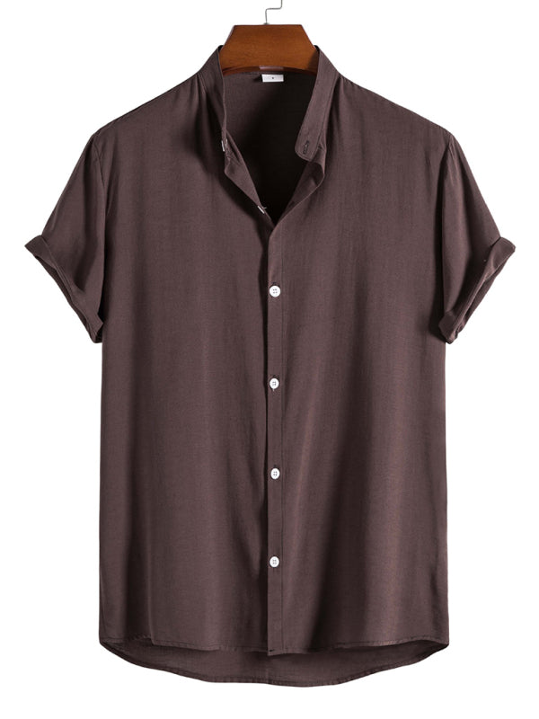 Men’s Fashion Trendy Casual Short Sleeve Stand Collar Shirt - Coffee / S