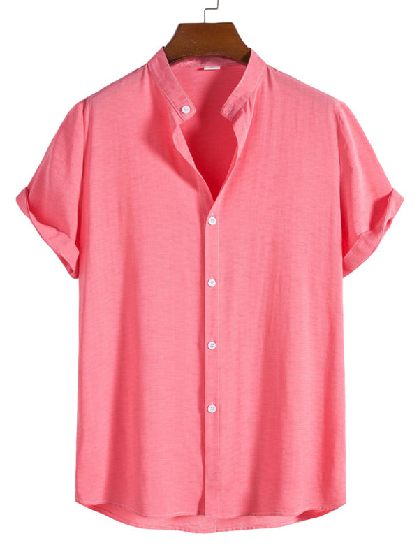 Men’s Fashion Trendy Casual Short Sleeve Stand Collar Shirt - Pink / S