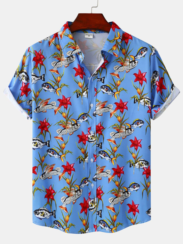 Men’s Floral Print Design Sleeve Beach Vacation Shirt - Blue / M