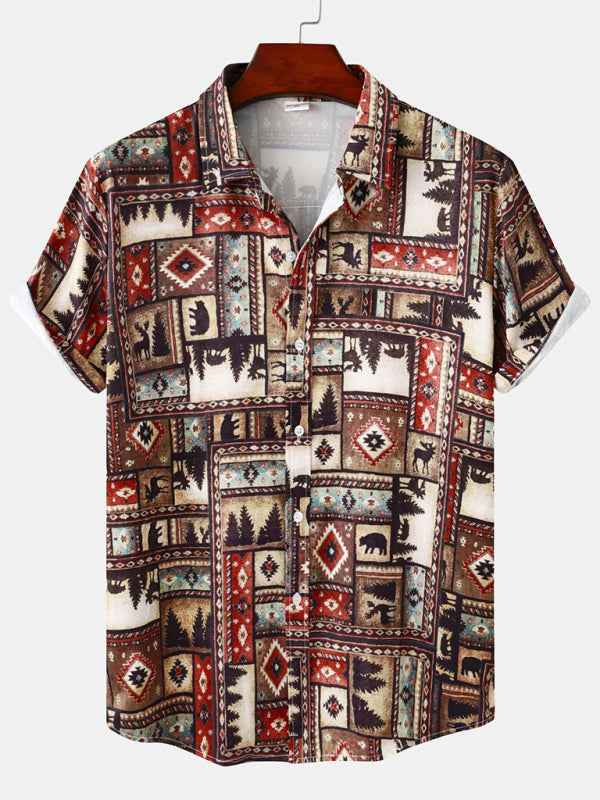 Men’s Floral Print Design Sleeve Beach Vacation Shirt - Brown / M