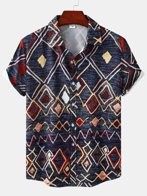 Men’s Floral Print Design Sleeve Beach Vacation Shirt - Purplish blue navy / M