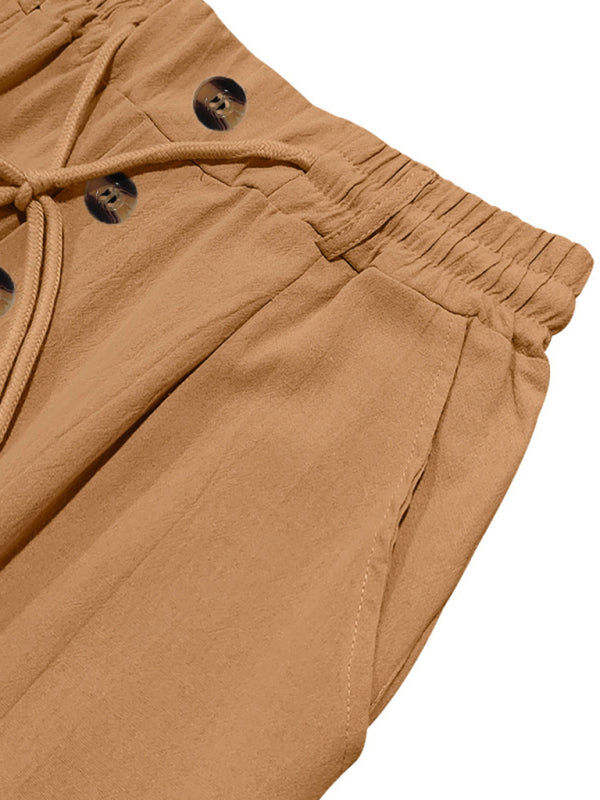 Tan drawstring linen casual pants with button accents for men’s breathable comfort