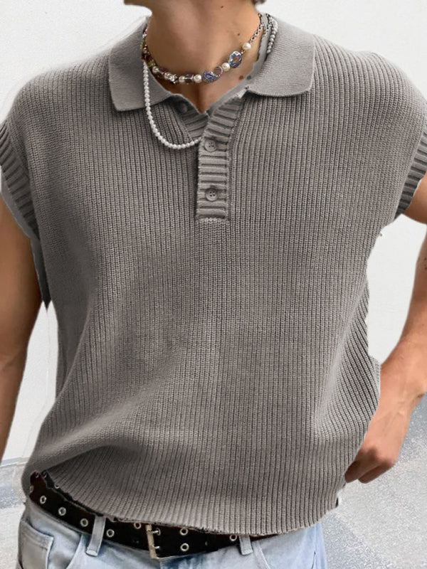 Men’s lapel solid color Polo collar knitted top - Grey / M