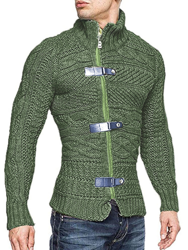 Men’s Leather Button Long Sleeve Knitted Cardigan Jacket
