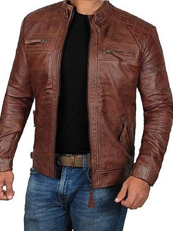 Men’s Leather Jacket Stand Collar Punk Motorcycle Leather Slim Fit Jacket