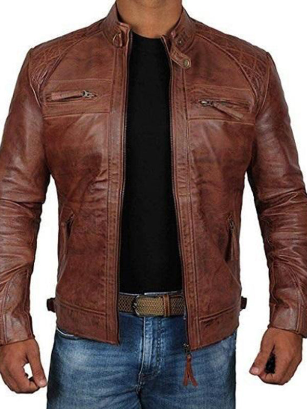 Men’s Leather Jacket Stand Collar Punk Motorcycle Leather Slim Fit Jacket - Dark Brown / M