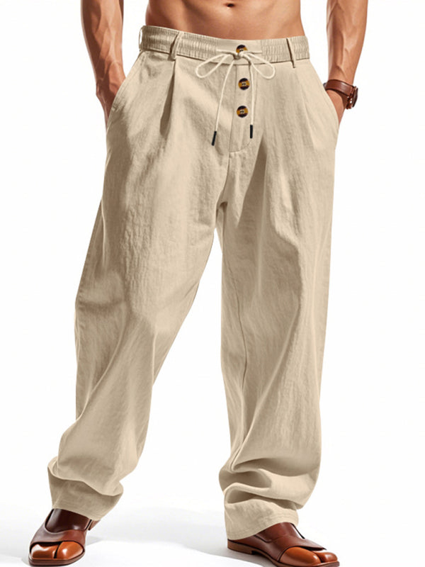 Men’s light khaki breathable linen loose casual trousers - Khaki / S