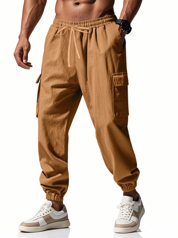 Men’s linen casual outdoor sports pants with cuffs and multi-pocket work pants - Earth yellow / S