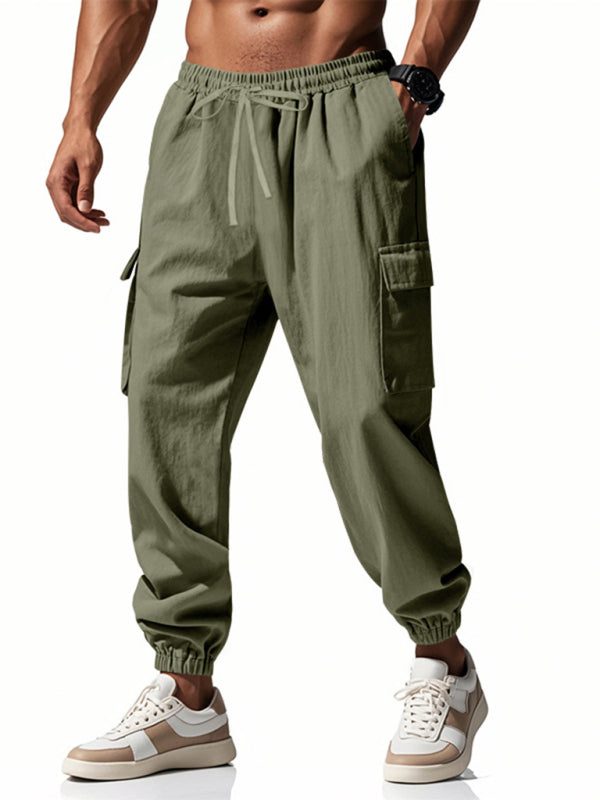Men’s linen casual outdoor sports pants with cuffs and multi-pocket work pants - Olive green / S