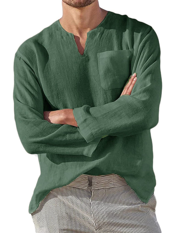 Men’s Long Sleeve V Neck Casual Beach Linen Shirt