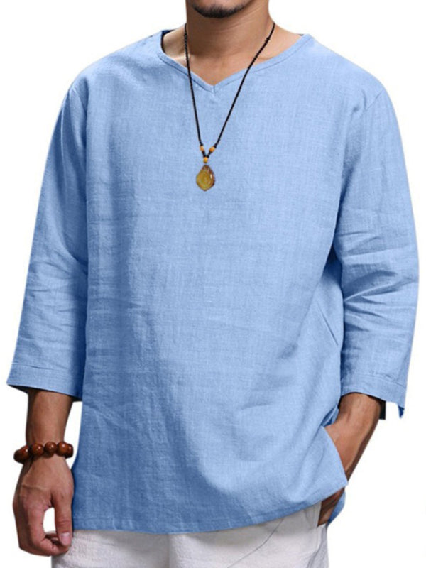 Men’s Long Sleeve V Neck Cotton Linen Loose Shirt