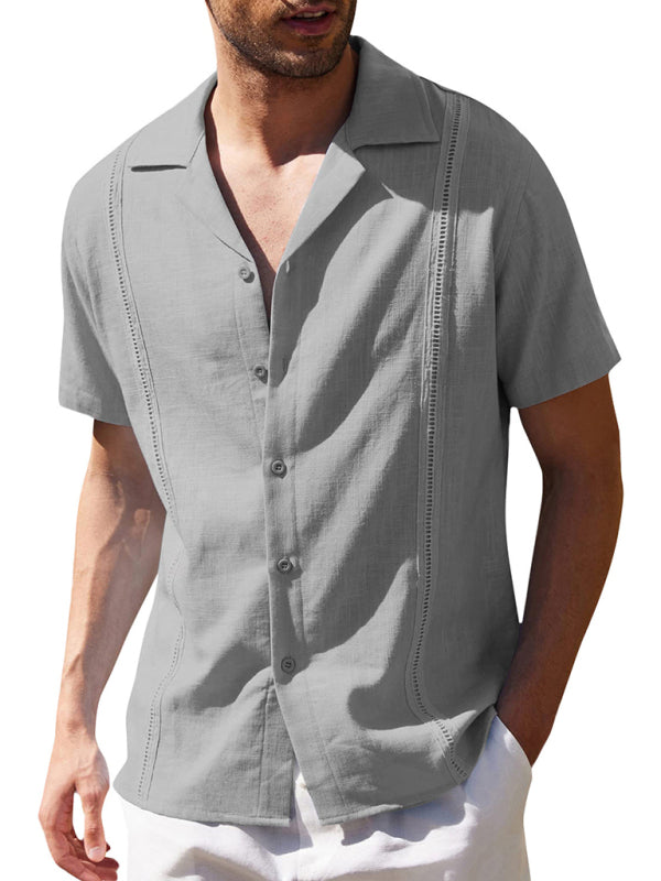 Men’s Loose Casual Linen Shirt Cuban Guayabera Short Sleeve Beach Shirt - Grey / S