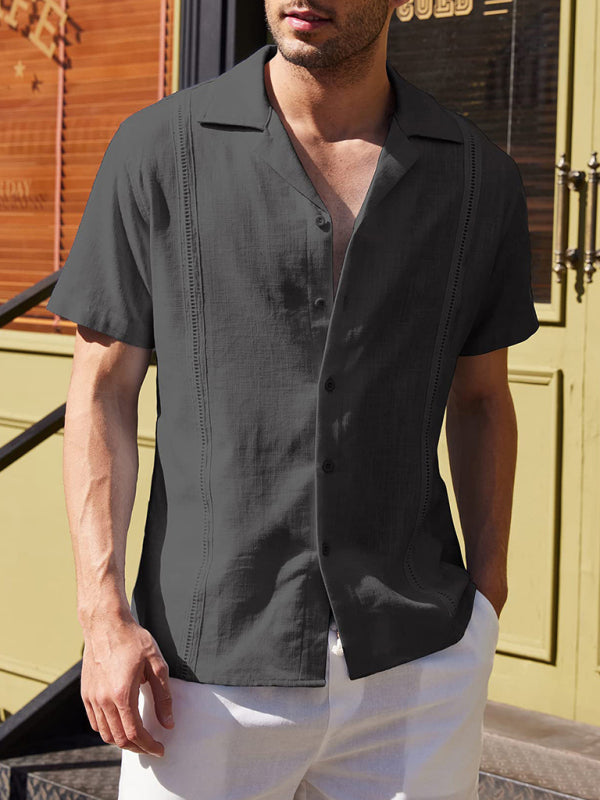 Men’s Loose Casual Linen Shirt Cuban Guayabera Short Sleeve Beach Shirt - Black / S