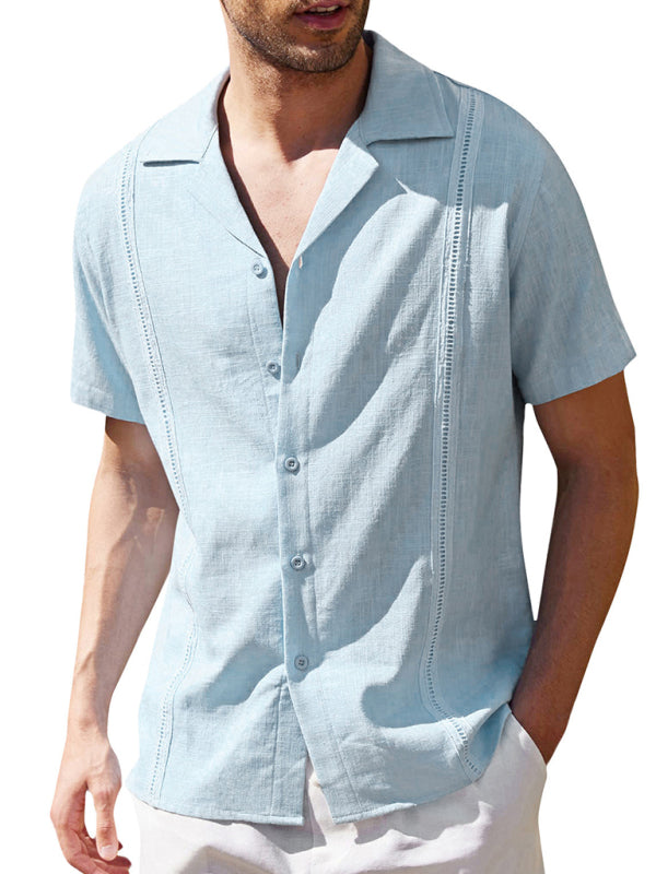 Men’s Loose Casual Linen Shirt Cuban Guayabera Short Sleeve Beach Shirt - Clear blue / S