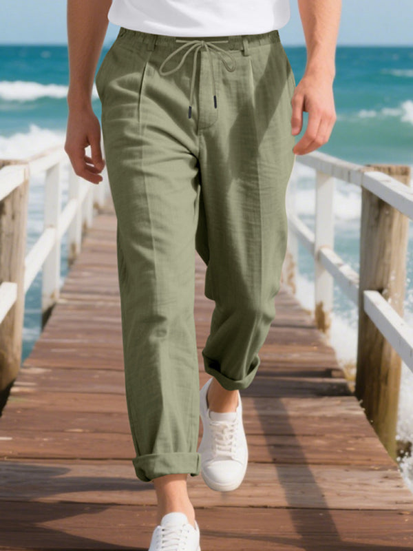 Men’s Loose Casual Relaxed Straight Linen Naples Gurga Breathable Trousers - Olive green / S