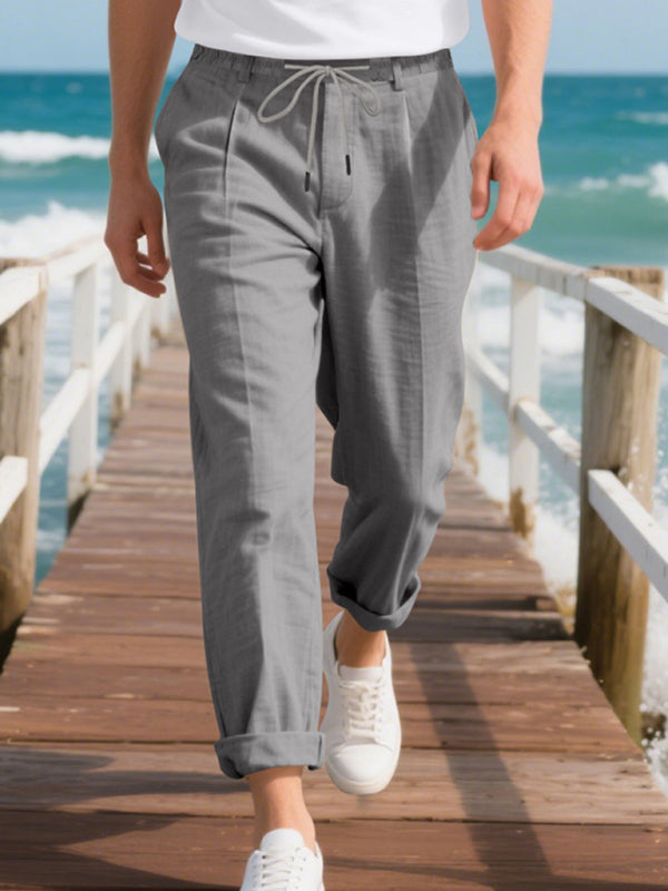 Men’s Loose Casual Relaxed Straight Linen Naples Gurga Breathable Trousers - Grey / S