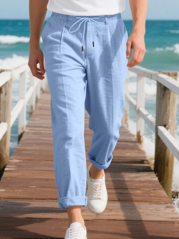 Men’s Loose Casual Relaxed Straight Linen Naples Gurga Breathable Trousers - Clear blue / S
