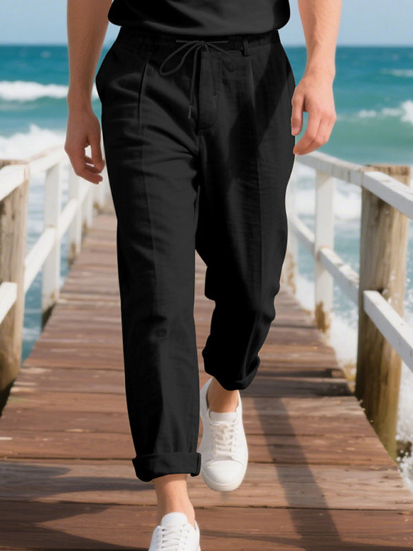 Men’s Loose Casual Relaxed Straight Linen Naples Gurga Breathable Trousers - Black / S