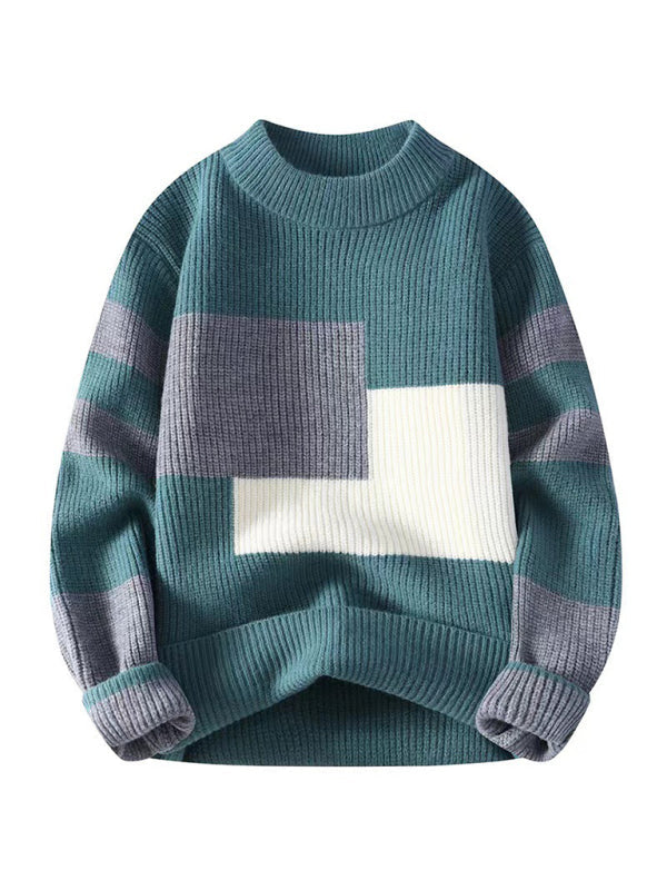 Men’s Loose Crew Neck Contrast Color Sweater - Green / M