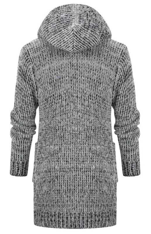 Men’s Mid Length Hooded Knit Cardigan Horn Buckle Hooded Long Sweater